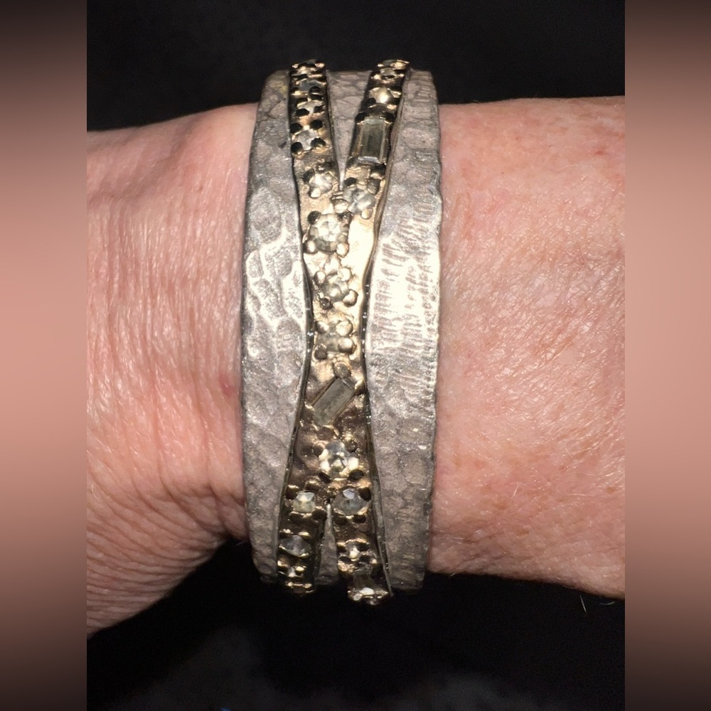Silver Gold tone Hammered TAT2 Designs Swarovski Crystal Hinged Bangle Bracelet